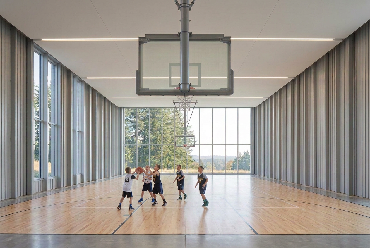 AI interior concept of an indoor basketball court inside the community and science center, with a hoop at the end of the court and tall windows onto fir trees