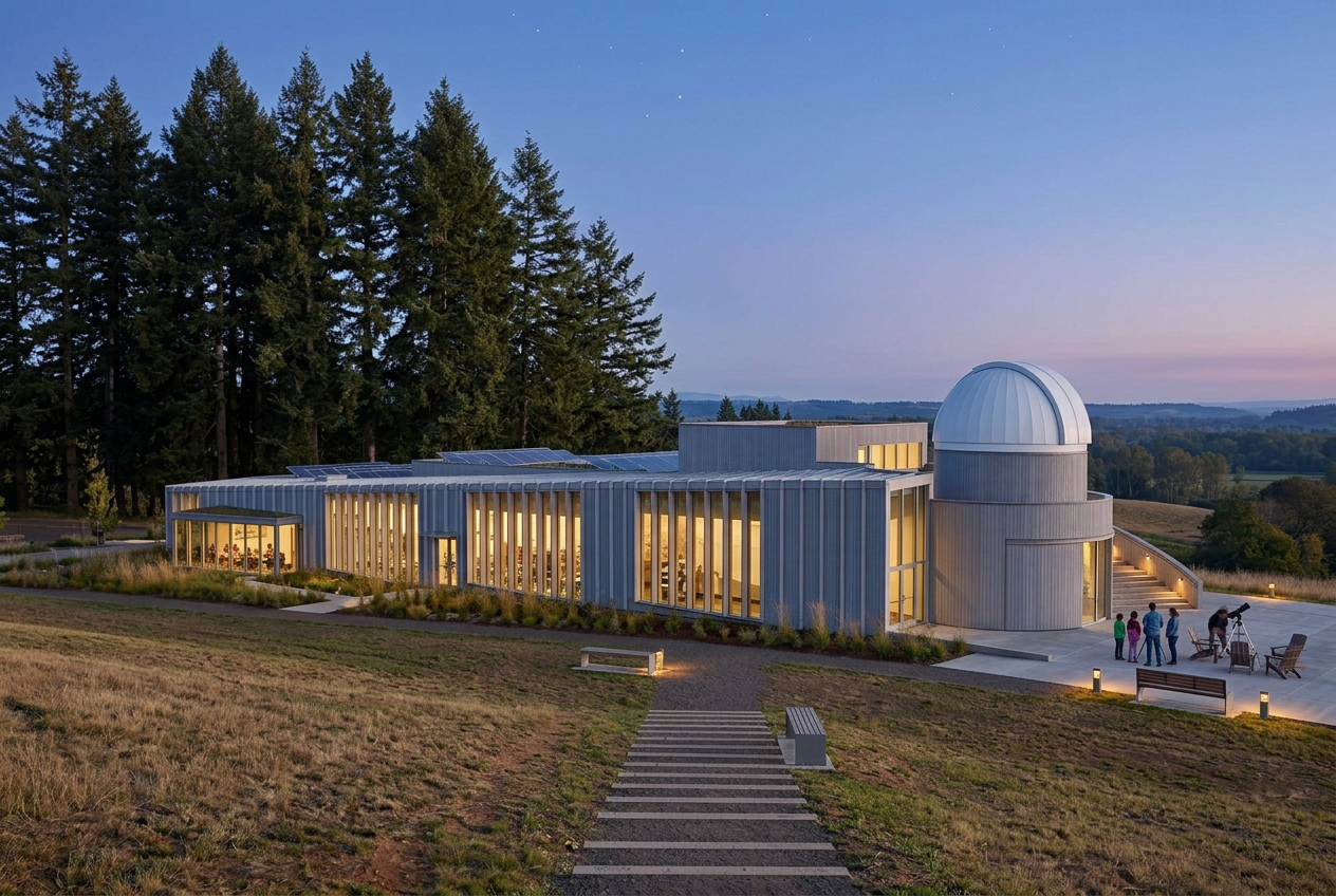 AI exterior concept of the science center at twilight with illuminated windows and visitors stargazing on the terrace